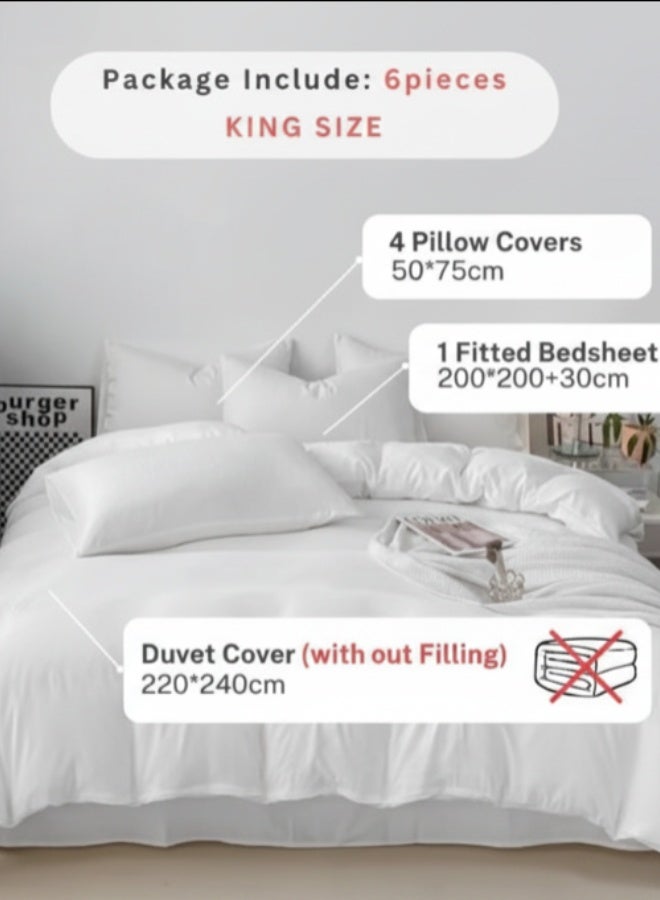 لونا هوم طقم سرير مكون من 6 قطع بحجم كينج، غطاء لحاف 220x240 سم، شرشف سرير مطاطي 200x200 سم، 4 أغطية وسائد، مصنوع من القطن الأبيض القابل للغسل. - Image 2