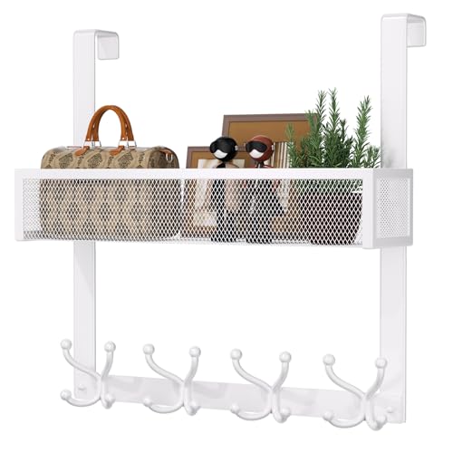Consumest Over The Door Hooks Organizer 2 Tier Over Door Hanger with 16 Hooks 2 Baskets for Hanging Coat Clothing Towel Back Storage for Bathroom Closet College Dorm White - Image 1