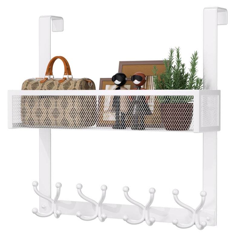 Consumest Over The Door Hooks Organizer 2 Tier Over Door Hanger with 16 Hooks 2 Baskets for Hanging Coat Clothing Towel Back Storage for Bathroom Closet College Dorm White - Image 2
