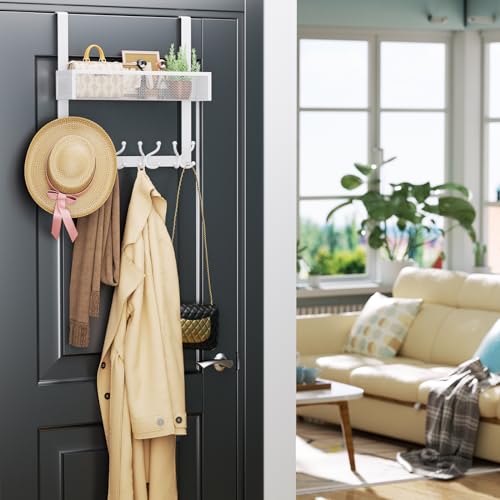 Consumest Over The Door Hooks Organizer 2 Tier Over Door Hanger with 16 Hooks 2 Baskets for Hanging Coat Clothing Towel Back Storage for Bathroom Closet College Dorm White - Image 3