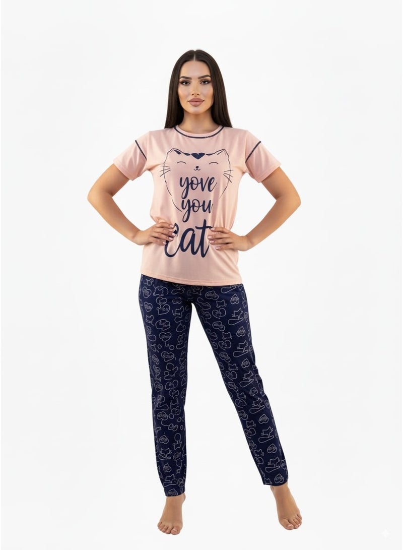 جوانا طقم بيجاما نسائي بأكمام قصيرة وبنطال طويل بطبعة "أحب قطتك"، زهري فاتح، L - Image 2