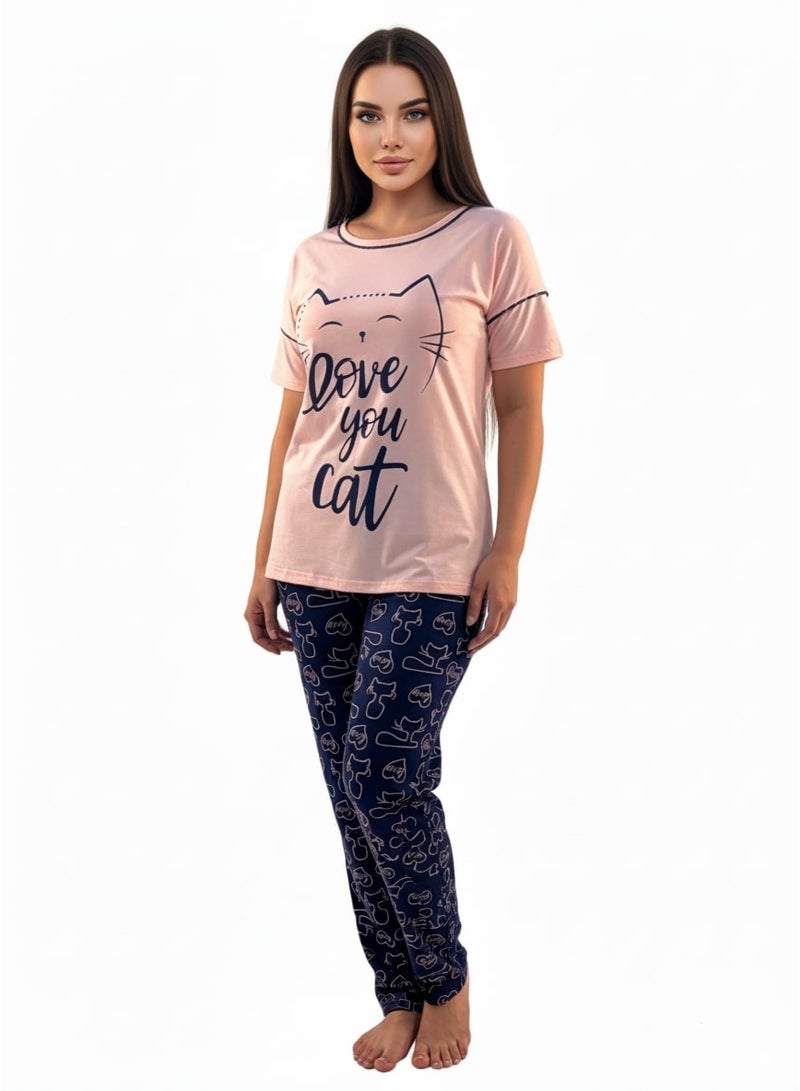 جوانا طقم بيجاما نسائي بأكمام قصيرة وبنطال طويل بطبعة "أحب قطتك"، زهري فاتح، L - Image 3