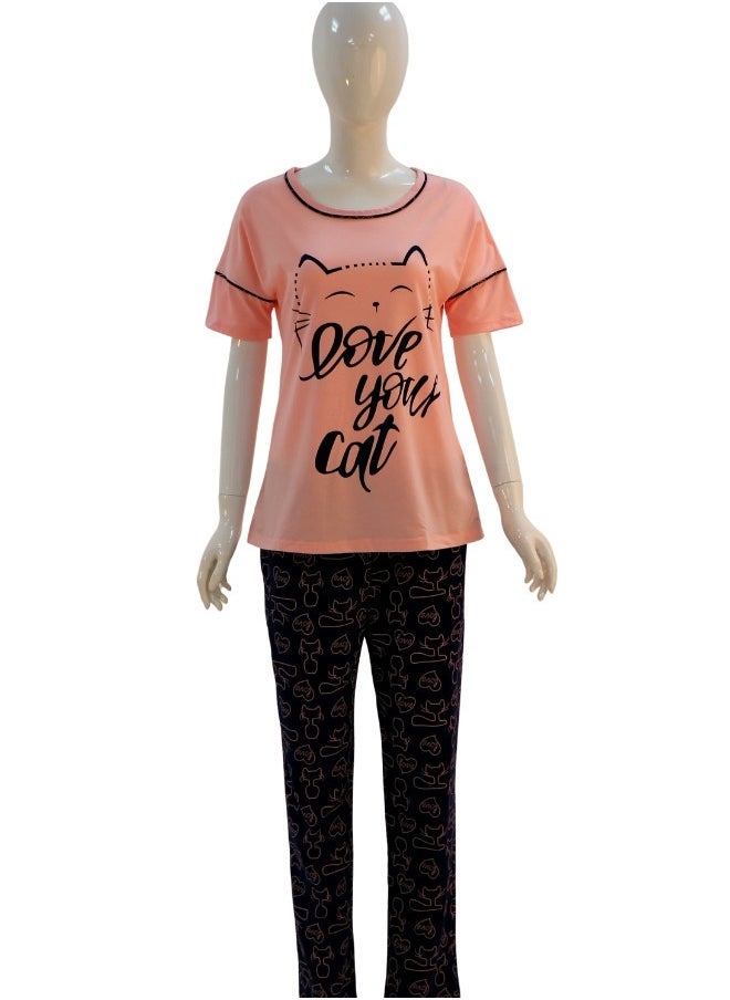 JOANNA - JOANNA Women's Love Your Cat Print Short Sleeve Shirt & Long Pants Pajama Set, Baby Pink - Image 1