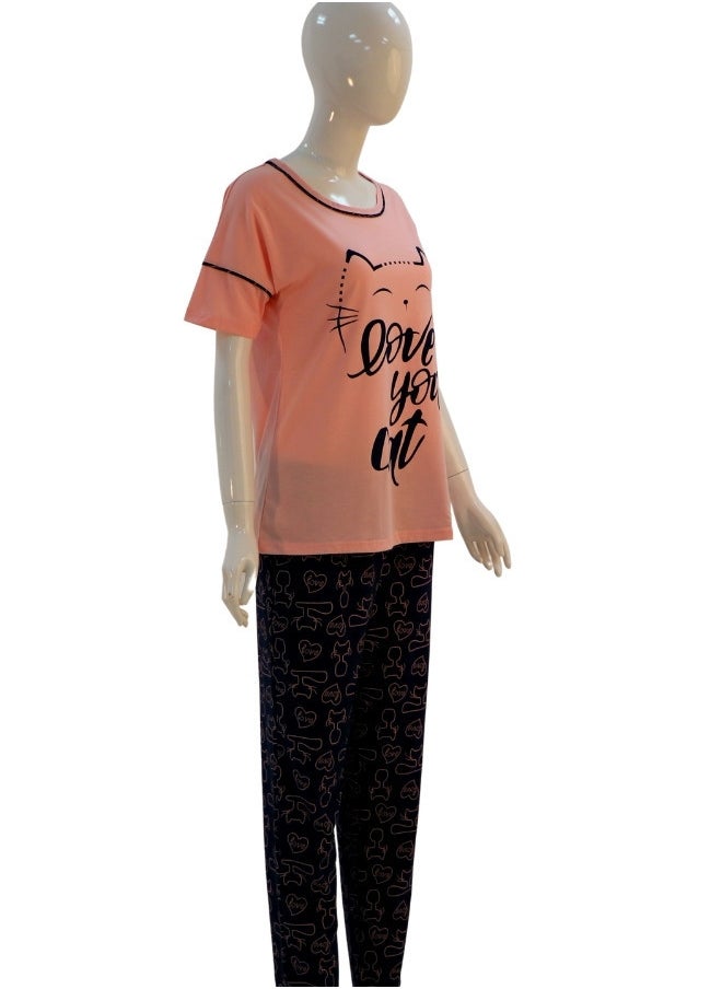 JOANNA - JOANNA Women's Love Your Cat Print Short Sleeve Shirt & Long Pants Pajama Set, Baby Pink - Image 1