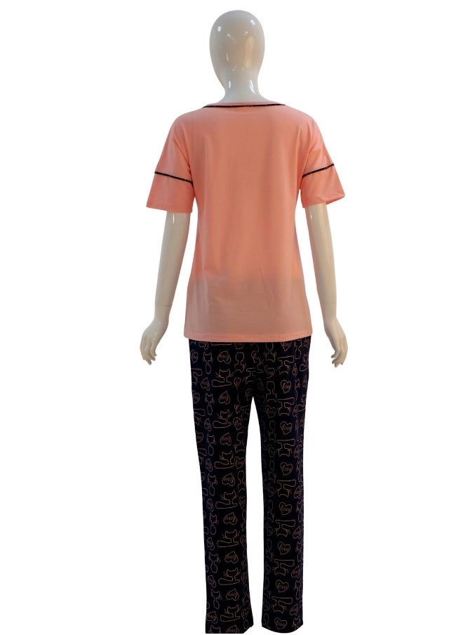 JOANNA - JOANNA Women's Love Your Cat Print Short Sleeve Shirt & Long Pants Pajama Set, Baby Pink - Image 1