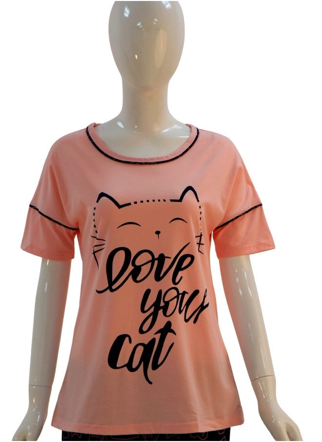 JOANNA - JOANNA Women's Love Your Cat Print Short Sleeve Shirt & Long Pants Pajama Set, Baby Pink - Image 1
