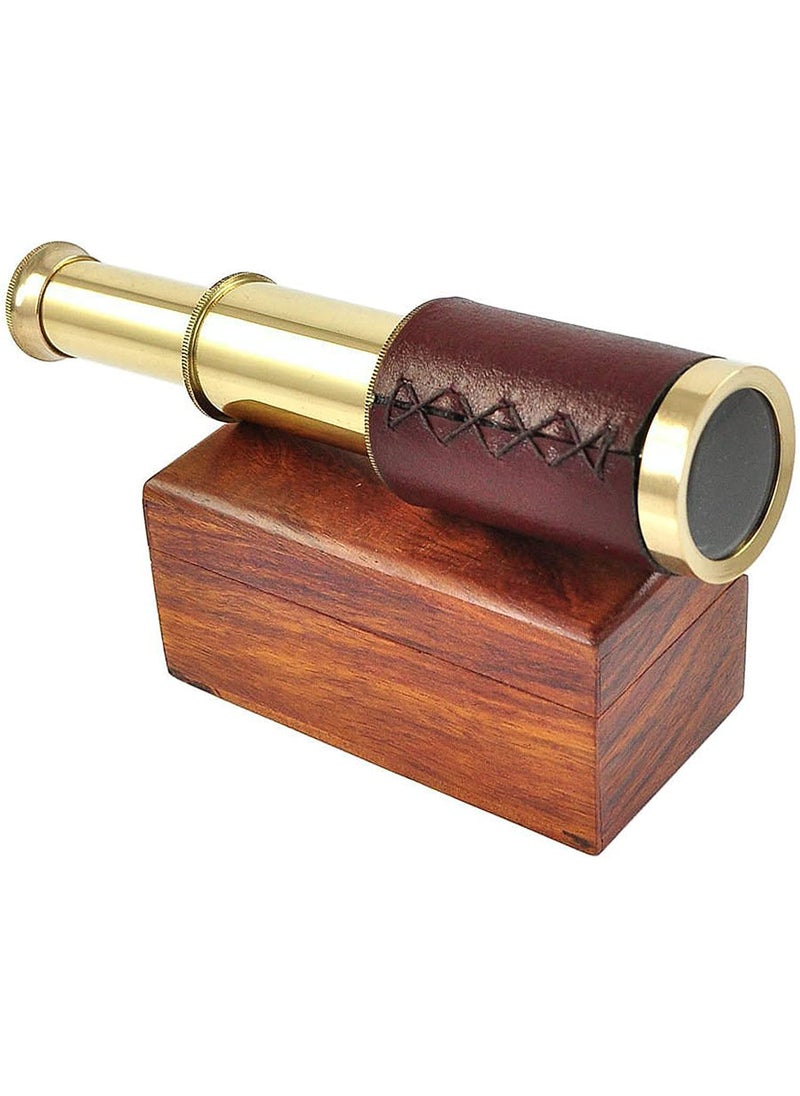 Generic 6 Brass Spyglass Telescope with Wooden Box Brass Monocular Decorative Telescope with Glass Optics for Kids Polish Finish Brown Leather Grip  - Image 1