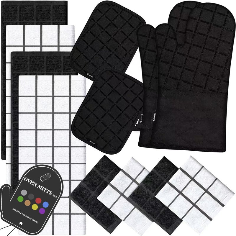 Oven Mitts Kitchen Towels and Dishcloths Pot Holders Sets Oven Gloves Kitchen Dish Towels 500 Degree Heat Resistant Potholders with NonSlip Silicone Surface for Cooking Grilling BakingBlack