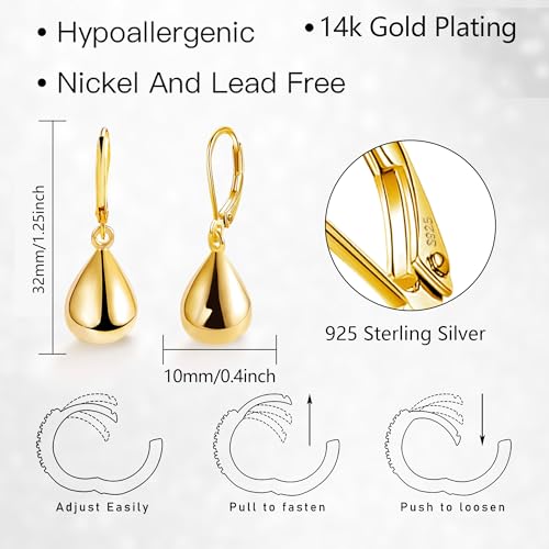 ALEXCRAFT Teardrop Leverback Dangle Earrings for Women 14K Gold Tear Drop Waterdrop Dangle Earrings for Women Trendy Hypoallergenic Teardrop Leverback Earring - Image 4