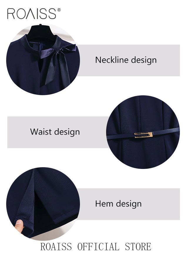 roaiss Ladies Short-Sleeve Tie-Neck Sheath Dress Women Short-Sleeve Belted Dress Invisible Zipper Women Elegant Professional Dress  - Image 5