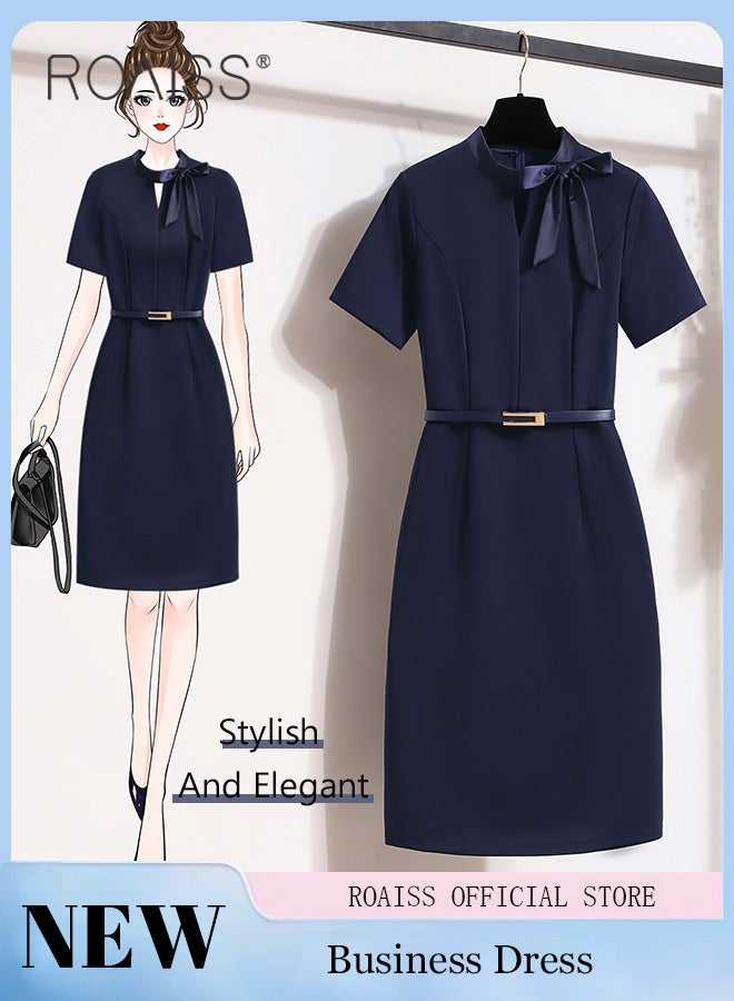 roaiss Ladies Short-Sleeve Tie-Neck Sheath Dress Women Short-Sleeve Belted Dress Invisible Zipper Women Elegant Professional Dress  - Image 1