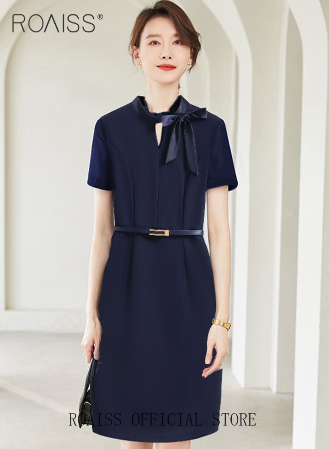 roaiss Ladies Short-Sleeve Tie-Neck Sheath Dress Women Short-Sleeve Belted Dress Invisible Zipper Women Elegant Professional Dress  - Image 2