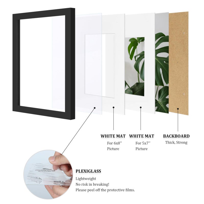 Egofine A4 Picture Frames Set of 4  Made of Solid Wood Covered by Plexiglass 5x7 and 6x8 with Mat or A4 whitout Mat  for Table Top Display and Wall Mounting Photo Frame Black - Image 4