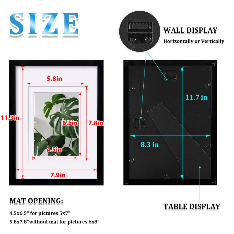 Egofine A4 Picture Frames Set of 4  Made of Solid Wood Covered by Plexiglass 5x7 and 6x8 with Mat or A4 whitout Mat  for Table Top Display and Wall Mounting Photo Frame Black - Image 3