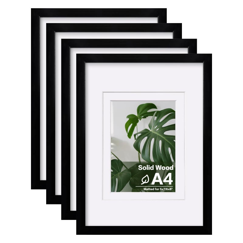 Egofine A4 Picture Frames Set of 4  Made of Solid Wood Covered by Plexiglass 5x7 and 6x8 with Mat or A4 whitout Mat  for Table Top Display and Wall Mounting Photo Frame Black - Image 1