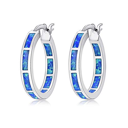 CiNily Sterling Silver Plated Hoop Earrings, Blue Opal Small Hoop Earrings for Women Hypoallergenic Earring Jewelry Ear Hoops Gemstone Round Hoops for Ladies - Image 1