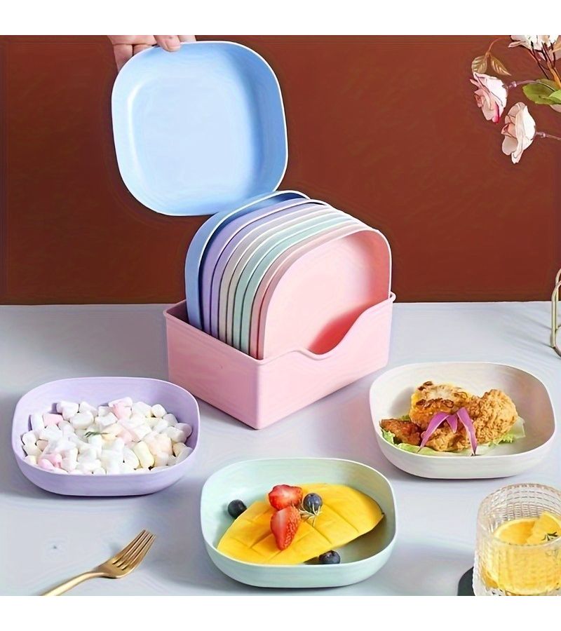 10 Random Color Plastic Square Plates with 1 Stand Portable Snack and Breakfast Dining Set Easy to Clean Stackable Kitchen Accessory - Image 4
