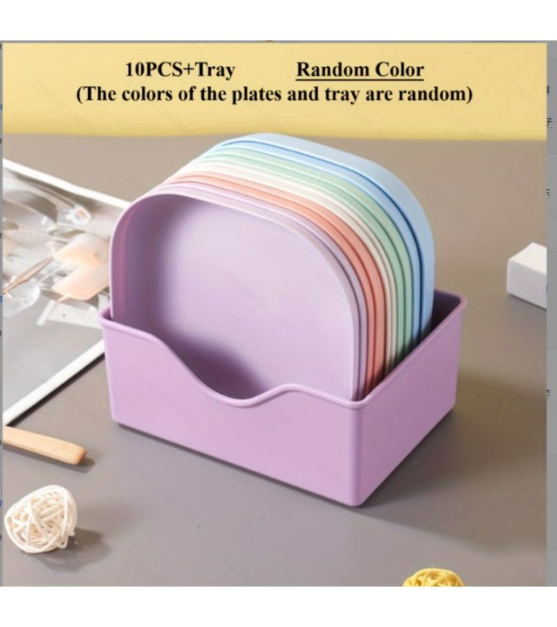 10 Random Color Plastic Square Plates with 1 Stand Portable Snack and Breakfast Dining Set Easy to Clean Stackable Kitchen Accessory - Image 2