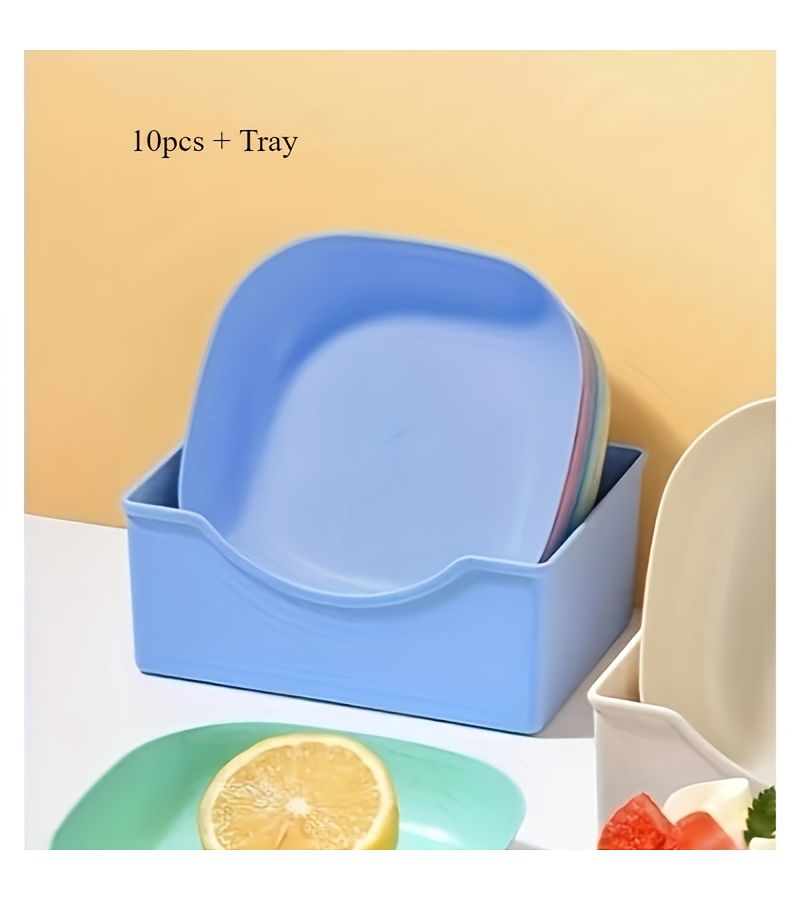 10 Random Color Plastic Square Plates with 1 Stand Portable Snack and Breakfast Dining Set Easy to Clean Stackable Kitchen Accessory - Image 5