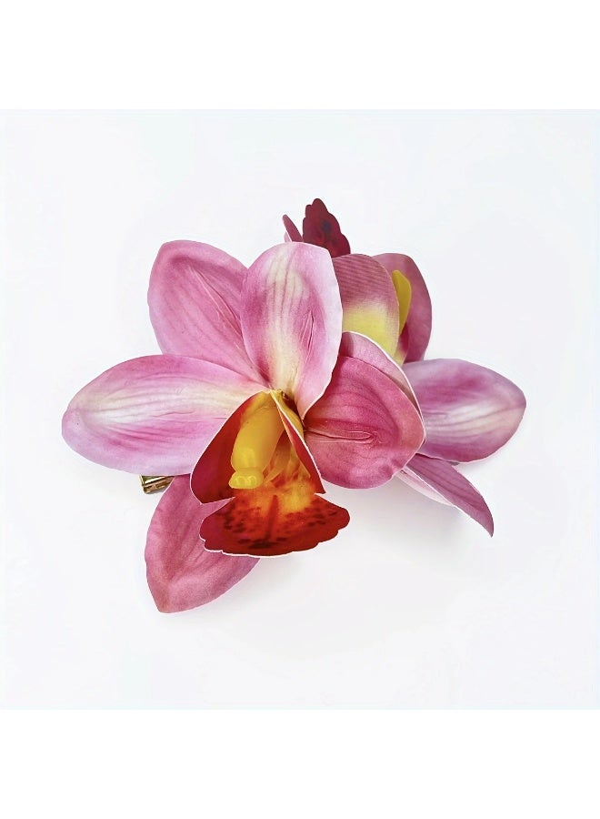 Goolsky Single Piece Solid Color Tropical Hawaiian Orchid Bridal Headpiece - Exquisite Bohemian Style Fabric Flower Hair Clip with Oblong Duckbill Side Design - Perfect for Weddings, Beach Parties, and Special Occasions for Ages 14+  - Image 1