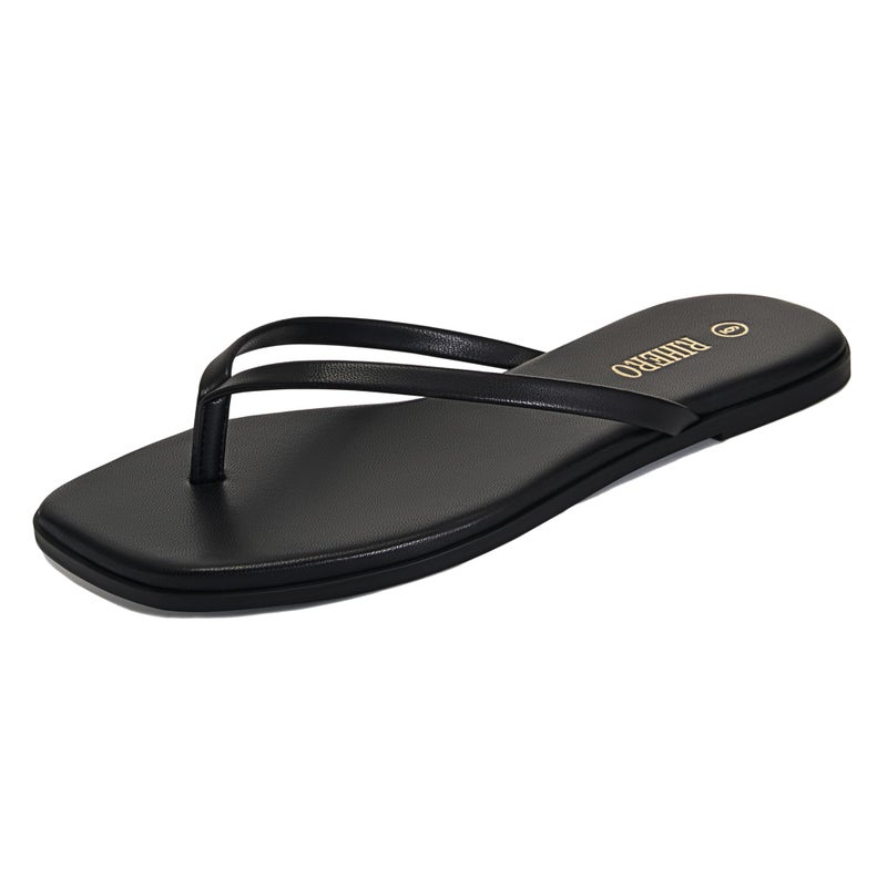 Rihero Black Flip Flops for Women Beach Thong Sandals Summer Comfort Slip On Walking Leather Slide Sandals Size 7 - Image 1