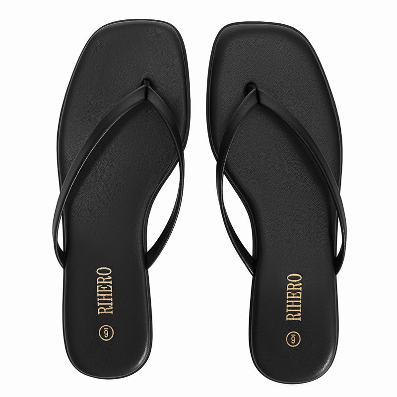 Rihero Black Flip Flops for Women Beach Thong Sandals Summer Comfort Slip On Walking Leather Slide Sandals Size 7 - Image 5