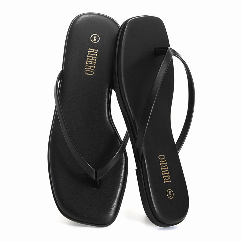 Rihero Black Flip Flops for Women Beach Thong Sandals Summer Comfort Slip On Walking Leather Slide Sandals Size 7 - Image 4