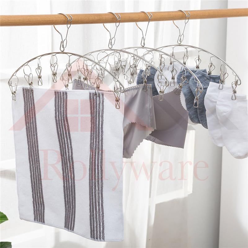 ROLLYWARE ® Stainless Steel Laundry Drying Rack Clothes Hanger with 10 Clips for Drying Socks,Drying Towels, Diapers, Bras, Baby Clothes,Underwear, Socks Gloves (2, Silver) - Image 3