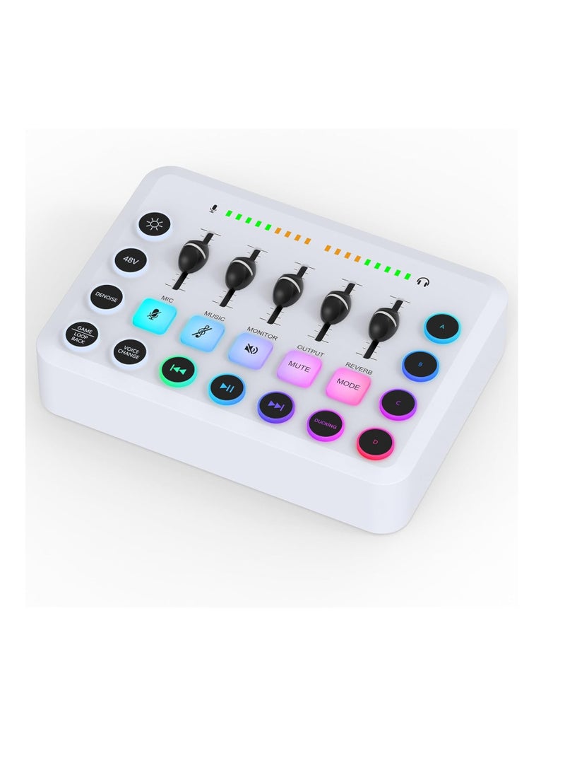Gaming Audio Mixer, Recording Card, Streaming RGB PC Mixer, with XLR Microphone Interface, Individual Control/Volume Fader/Mute Button/48V Phantom Power for Podcast/Recording/Vocal/Game Voice