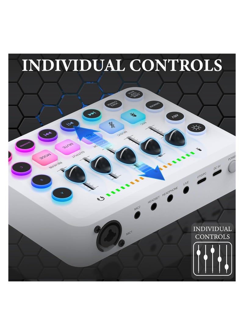 Gaming Audio Mixer, Recording Card, Streaming RGB PC Mixer, with XLR Microphone Interface, Individual Control/Volume Fader/Mute Button/48V Phantom Power for Podcast/Recording/Vocal/Game Voice