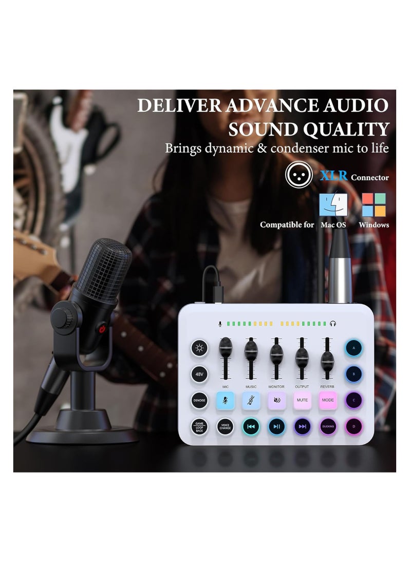 Gaming Audio Mixer, Recording Card, Streaming RGB PC Mixer, with XLR Microphone Interface, Individual Control/Volume Fader/Mute Button/48V Phantom Power for Podcast/Recording/Vocal/Game Voice