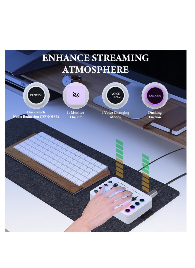 Gaming Audio Mixer, Recording Card, Streaming RGB PC Mixer, with XLR Microphone Interface, Individual Control/Volume Fader/Mute Button/48V Phantom Power for Podcast/Recording/Vocal/Game Voice