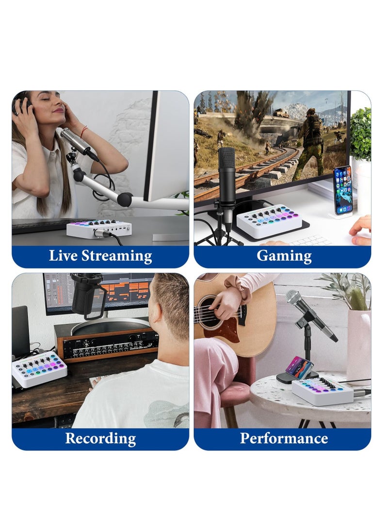 Gaming Audio Mixer, Recording Card, Streaming RGB PC Mixer, with XLR Microphone Interface, Individual Control/Volume Fader/Mute Button/48V Phantom Power for Podcast/Recording/Vocal/Game Voice