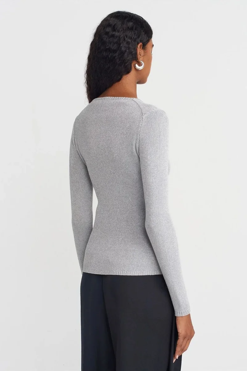 Dilvin Silver Grey DILVIN Women's Slim Fit V-Neck Ribbed Sweater for Women | Best Price UAE