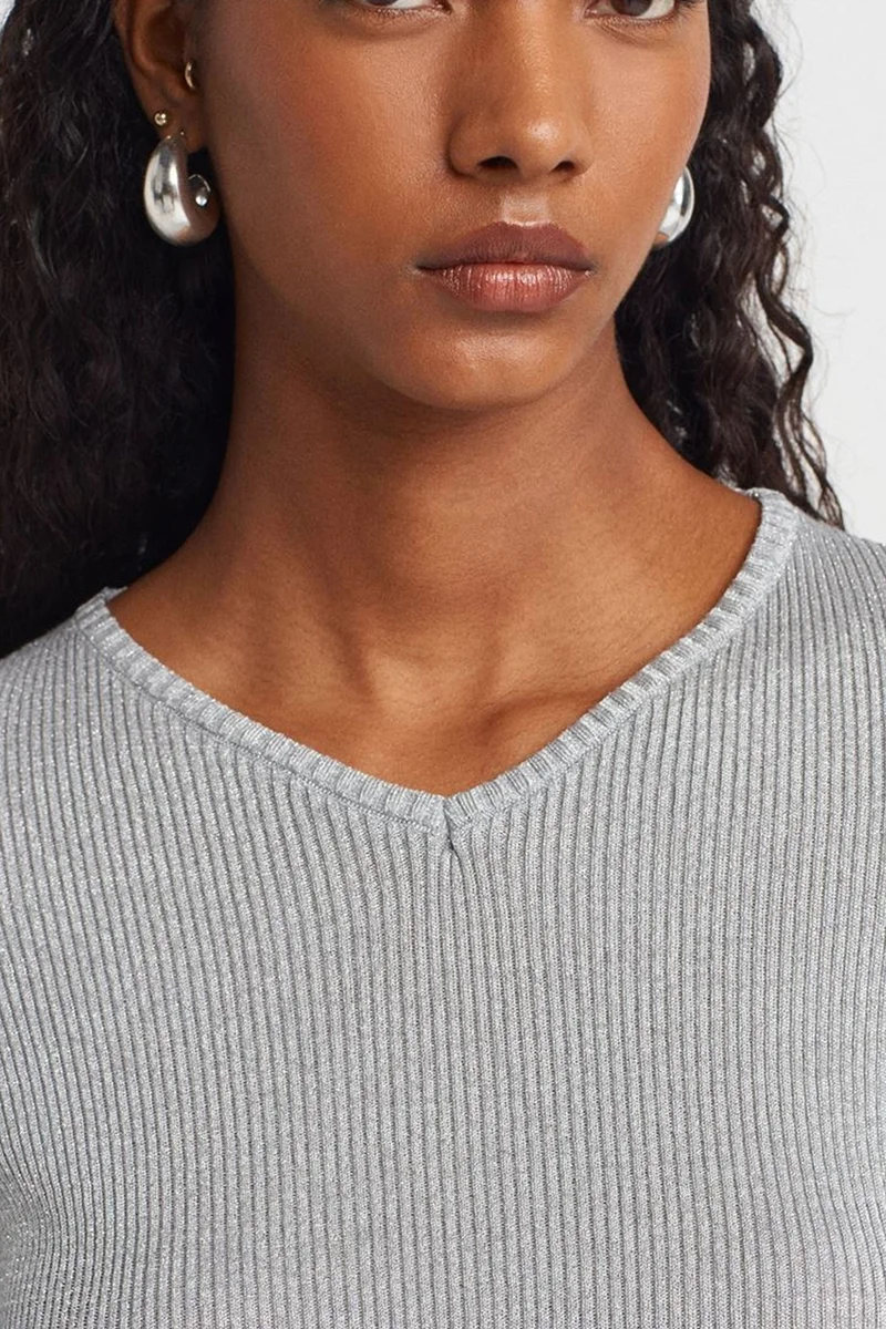 Dilvin Silver Grey DILVIN Women's Slim Fit V-Neck Ribbed Sweater for Women | Best Price UAE