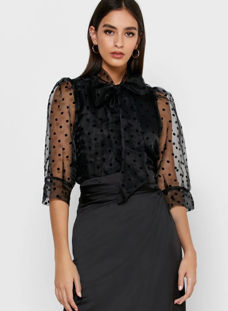 ELLA Polka Dot Mesh Tie Neck Top