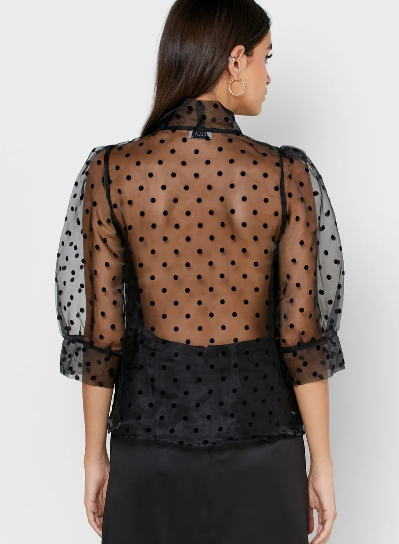 ELLA Polka Dot Mesh Tie Neck Top