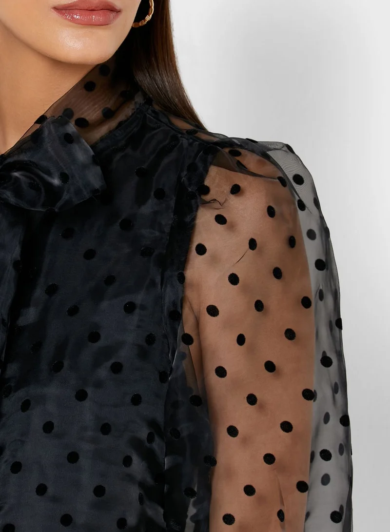 ELLA Polka Dot Mesh Tie Neck Top