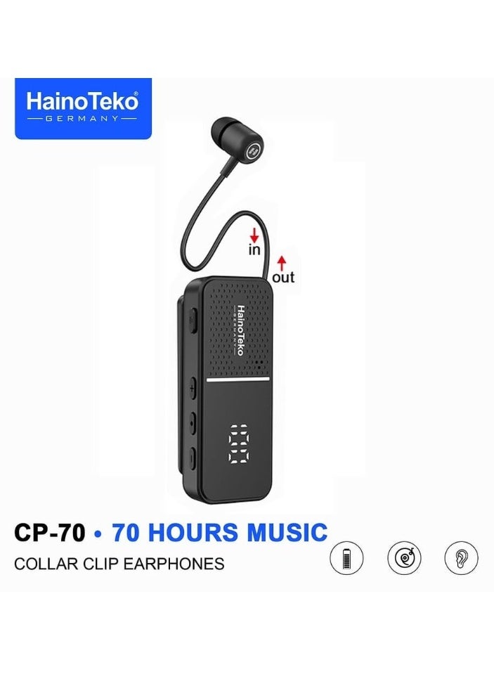 هينو تيكو سماعات أذن لاسلكية CP-70 مزودة بمشبك طوق مع تشغيل موسيقى لمدة 70 ساعة وتحكم بزر متعدد الوظائف باللون الأسود - Image 1