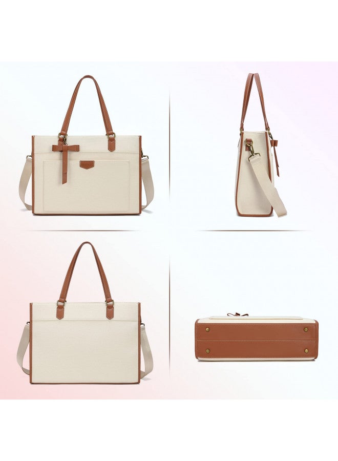 Keyli حقيبة لابتوب كيلي قماش للنساء 15.6 بوصة حقائب كتف للعمل غير رسمية سعة كبيرة حقيبة كمبيوتر احترافية للأعمال مكتبية حقيبة يد حقائب للسفر، المكتب، المدرسة بني - Image 4