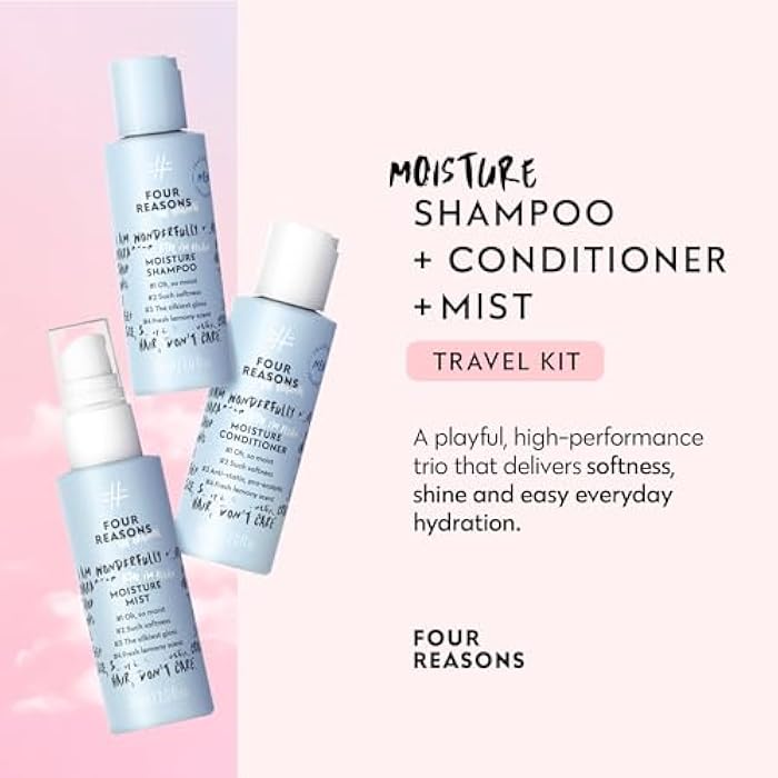 FOUR REASONS - Travel Size Hair Care Set Trio - Travel Shampoo and Conditioner + Moisture Mist, Hydration, Shine, Softness and Detangling - Vegan & Cruelty Free (3 Products Pack) - Image 2