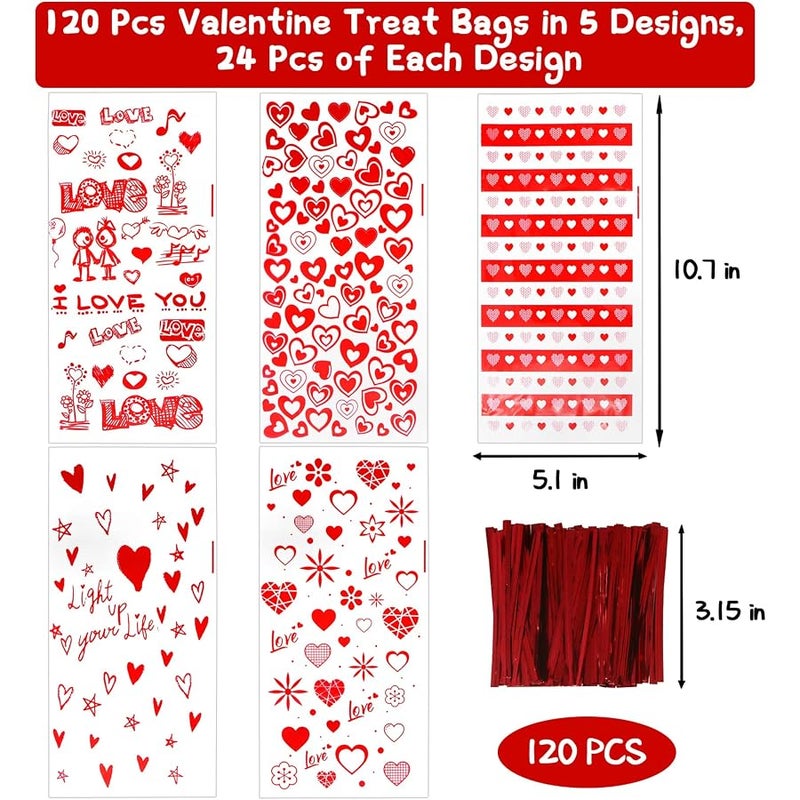 CH HAICHENG 120 Pcs Valentines Cellophane Bags Valentine's Day Treat Bags, 5 Assorted Styles Valentine Goodies Bags with Twist Ties for Cookie Candy Valentines Day Party Supplies - Image 2