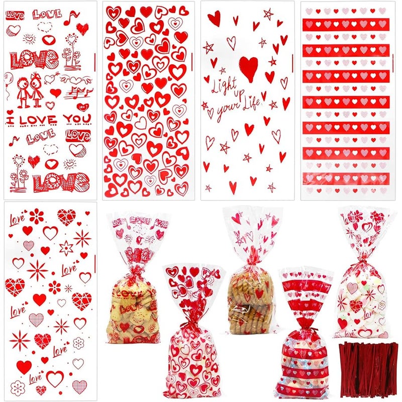 CH HAICHENG 120 Pcs Valentines Cellophane Bags Valentine's Day Treat Bags, 5 Assorted Styles Valentine Goodies Bags with Twist Ties for Cookie Candy Valentines Day Party Supplies - Image 1