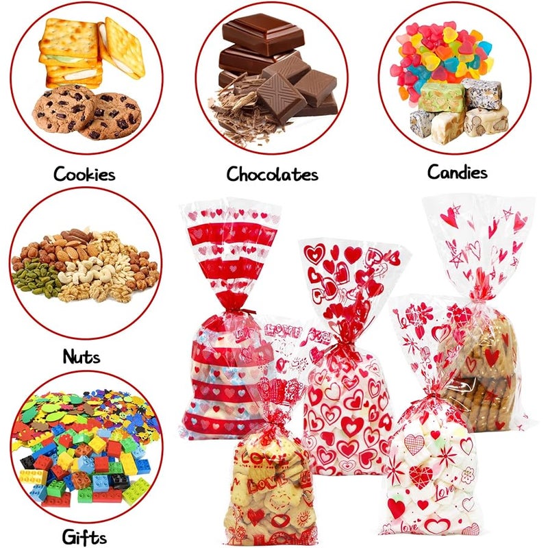 CH HAICHENG 120 Pcs Valentines Cellophane Bags Valentine's Day Treat Bags, 5 Assorted Styles Valentine Goodies Bags with Twist Ties for Cookie Candy Valentines Day Party Supplies - Image 4