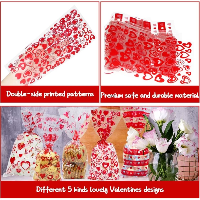 CH HAICHENG 120 Pcs Valentines Cellophane Bags Valentine's Day Treat Bags, 5 Assorted Styles Valentine Goodies Bags with Twist Ties for Cookie Candy Valentines Day Party Supplies - Image 3