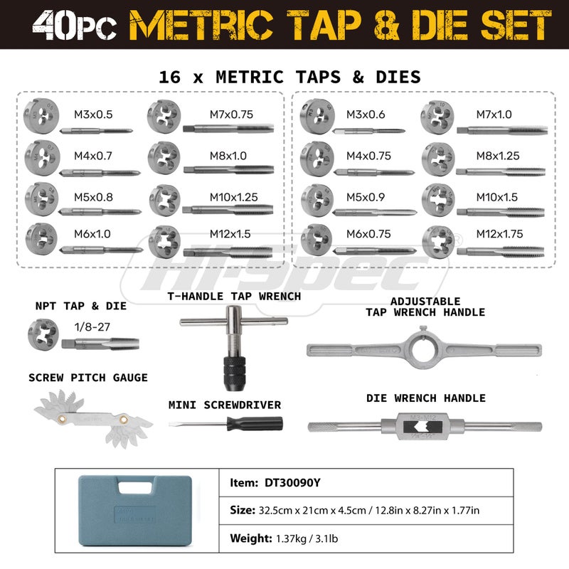 Hi-Spec 39 Piece Metric Tap & Die Set. Complete M3 to M12 Fine & Coarse Tools to Cut, Chase and Thread with Screw Pitch Gauge in a Tray Case - Image 2