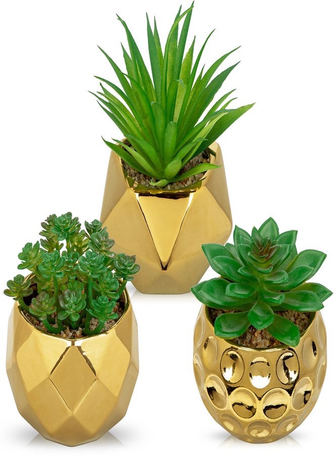 Briful Artificial Succulents Plants in Ceramic Pots, 3 Pack Faux Succulent Set with Gold Geometric Planters – Modern Desk Decor for Home Office Shelf Bathroom, Small Fake Plants Potted - Image 1