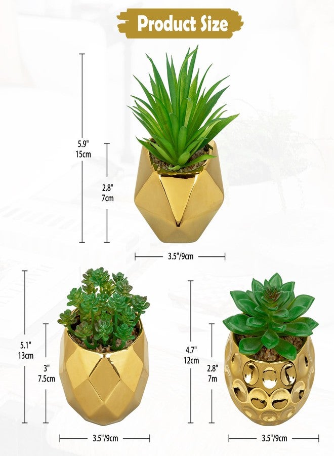 Briful Artificial Succulents Plants in Ceramic Pots, 3 Pack Faux Succulent Set with Gold Geometric Planters – Modern Desk Decor for Home Office Shelf Bathroom, Small Fake Plants Potted - Image 2