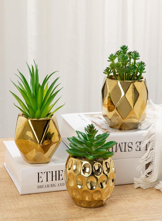 Briful Artificial Succulents Plants in Ceramic Pots, 3 Pack Faux Succulent Set with Gold Geometric Planters – Modern Desk Decor for Home Office Shelf Bathroom, Small Fake Plants Potted - Image 3