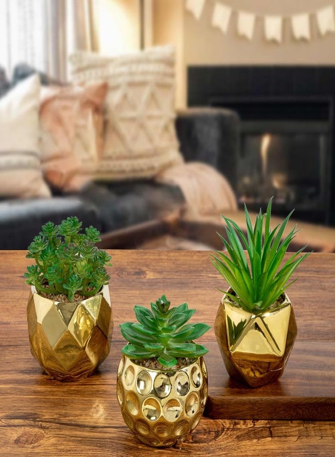 Briful Artificial Succulents Plants in Ceramic Pots, 3 Pack Faux Succulent Set with Gold Geometric Planters – Modern Desk Decor for Home Office Shelf Bathroom, Small Fake Plants Potted - Image 4